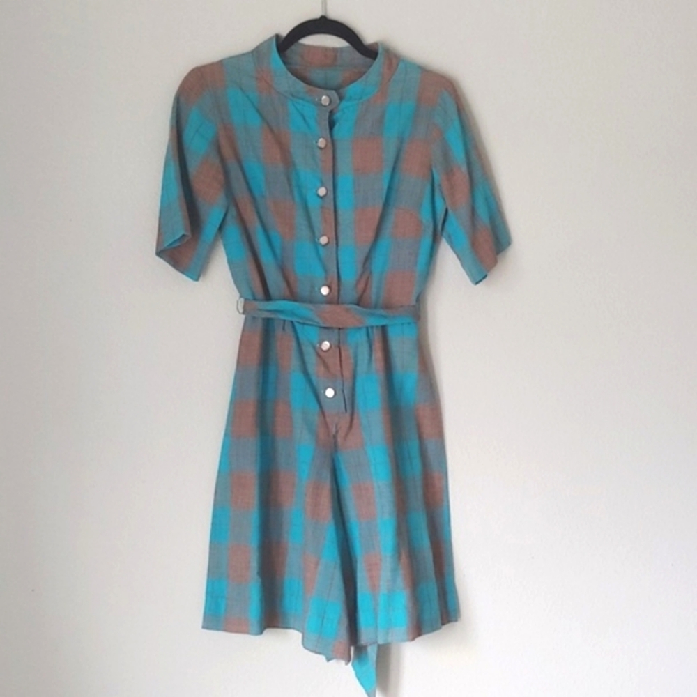VINTAGE | Rare Turquoise Plaid Bermuda Shorts Romper